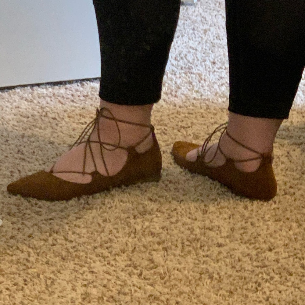 Target brand Mossmio brown pointed lace up flats.